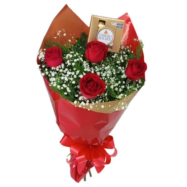 Buquê Carinho de  4 Rosas+ 4 Ferrero Rocher ( Promoção)